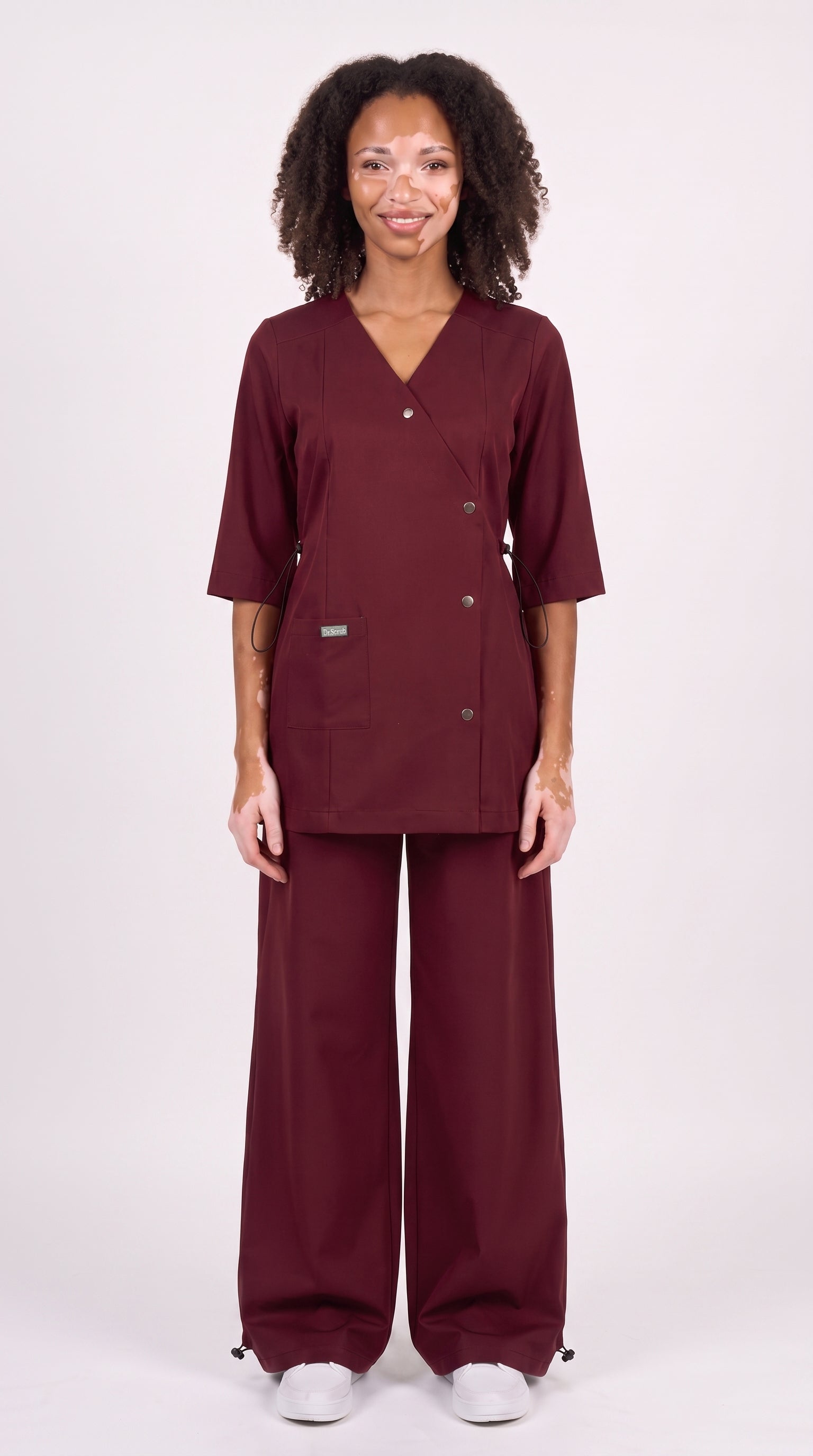 Sarab Women's Burgundy Medical Scrub Set Smiling