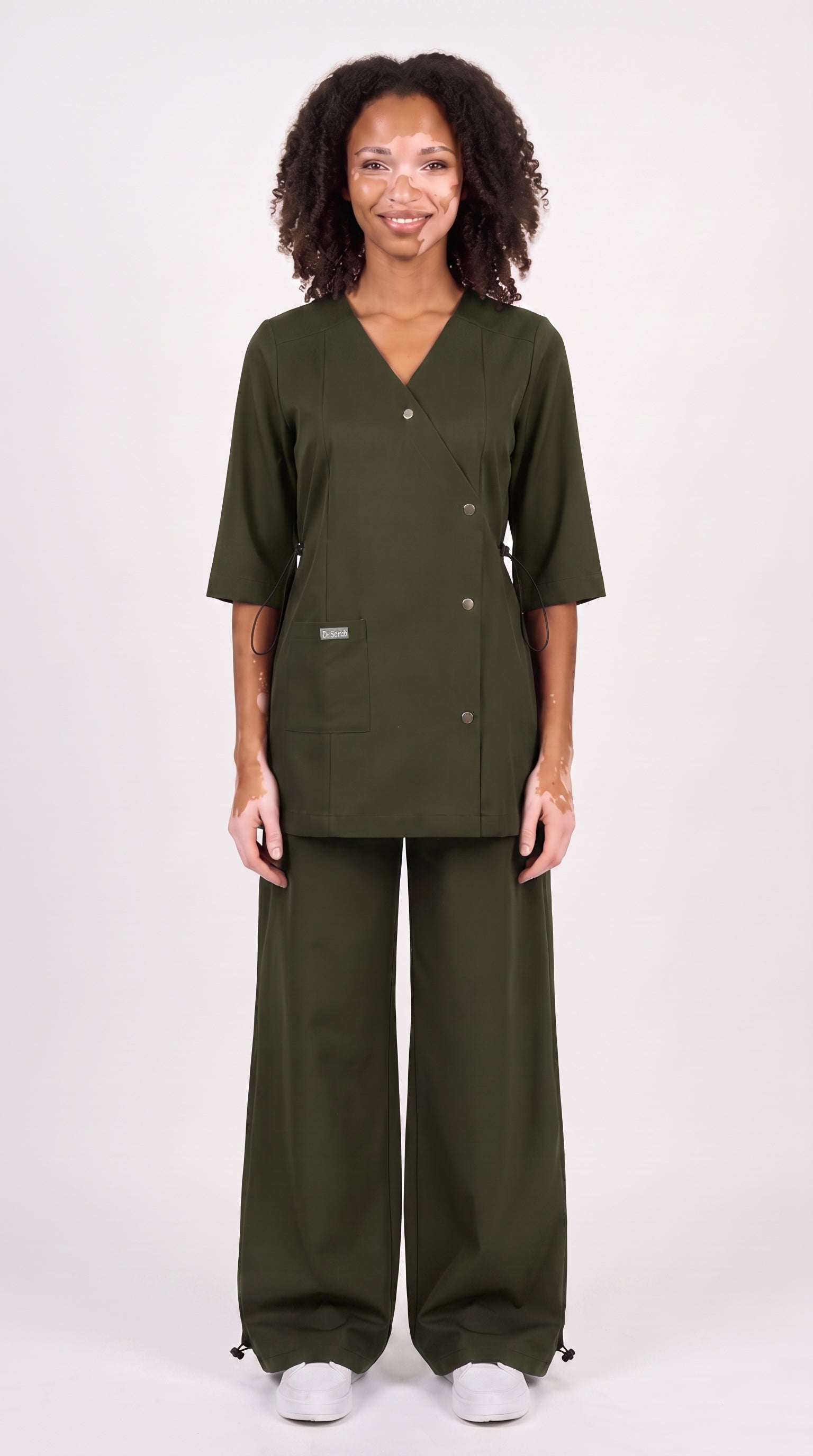Sarab Women's Hunter Olive Medical Scrub Set Smiling