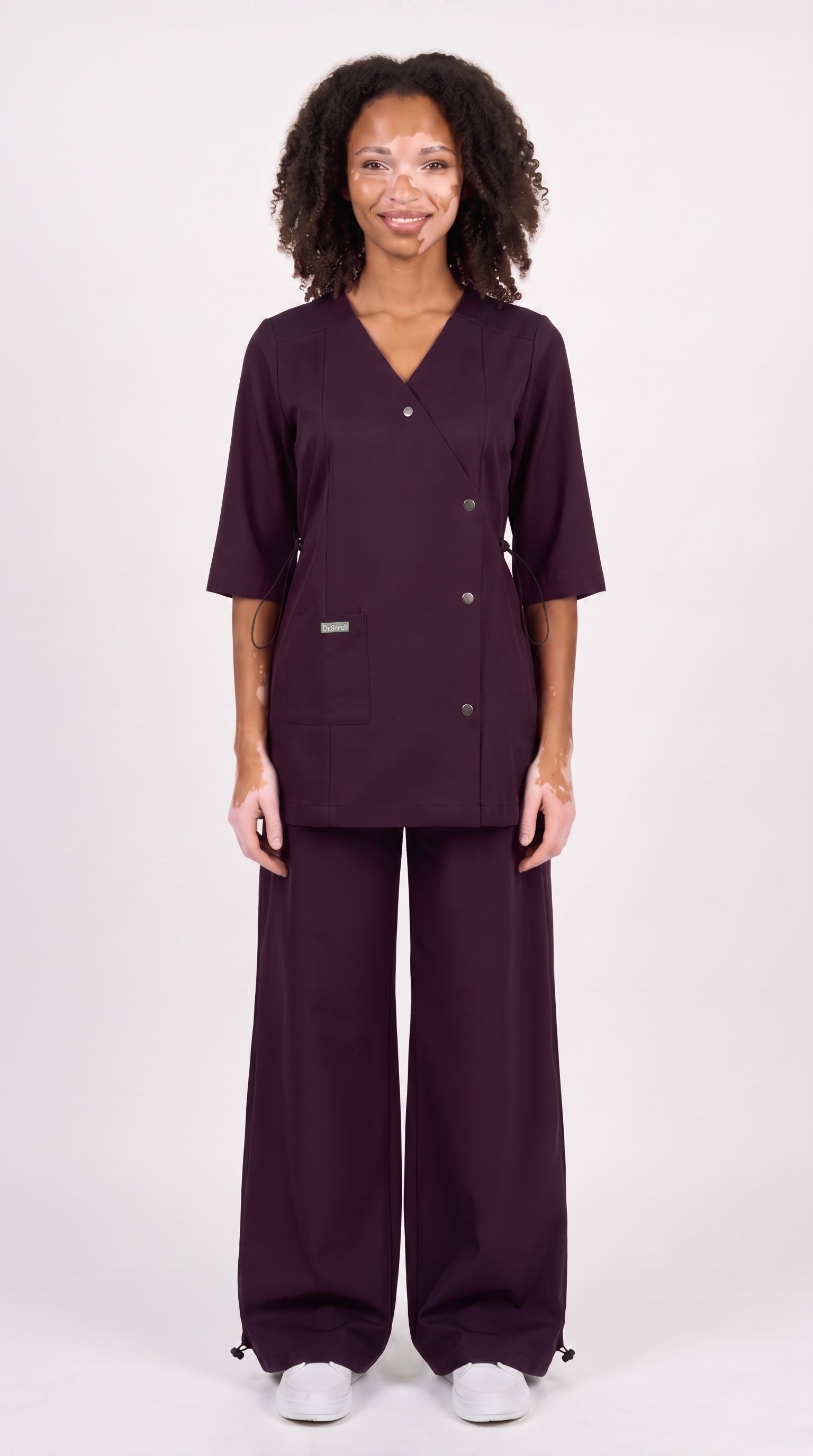 Sarab Women's Deep Plum Medical Scrub Set Smiling