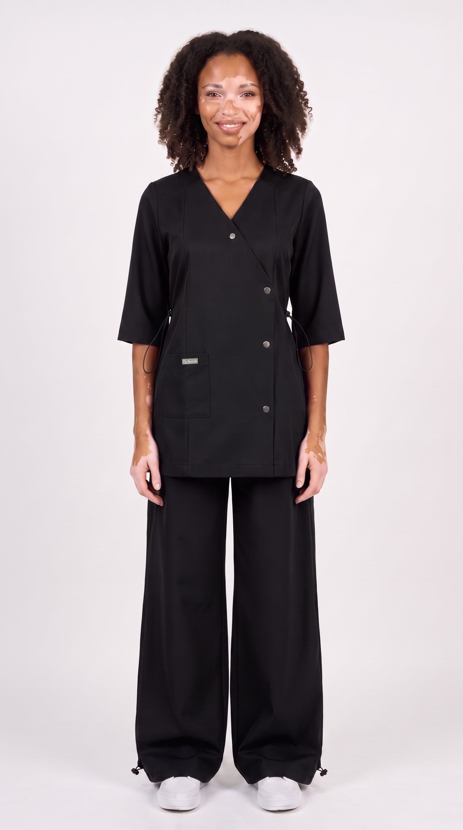 Sarab Women's Powder Black Scrub Set Smiling